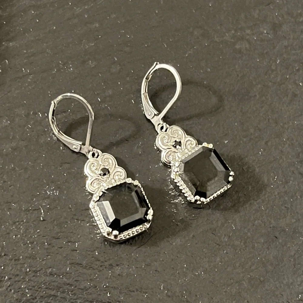 Black Princess Cut Onyx Scroll Detail Earrings Marked 316 SS Lever Back Hooks